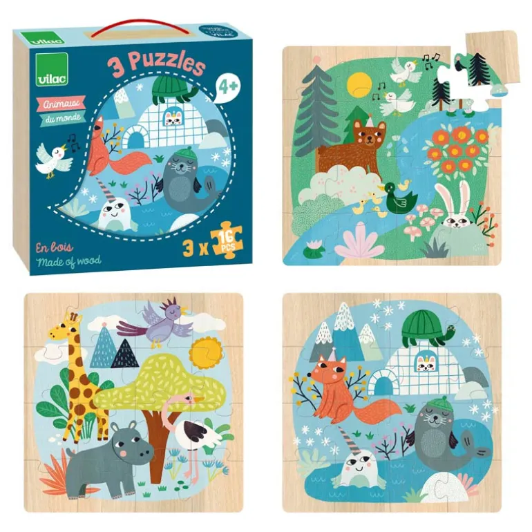Les Animaux du monde - 3 puzzles en bois - Vilac
