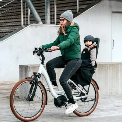 Tablier pour siège vélo enfant - Rainette - Noir avec des bretelles oranges