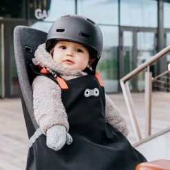 Tablier pour siège vélo enfant - Rainette - Noir avec des bretelles oranges